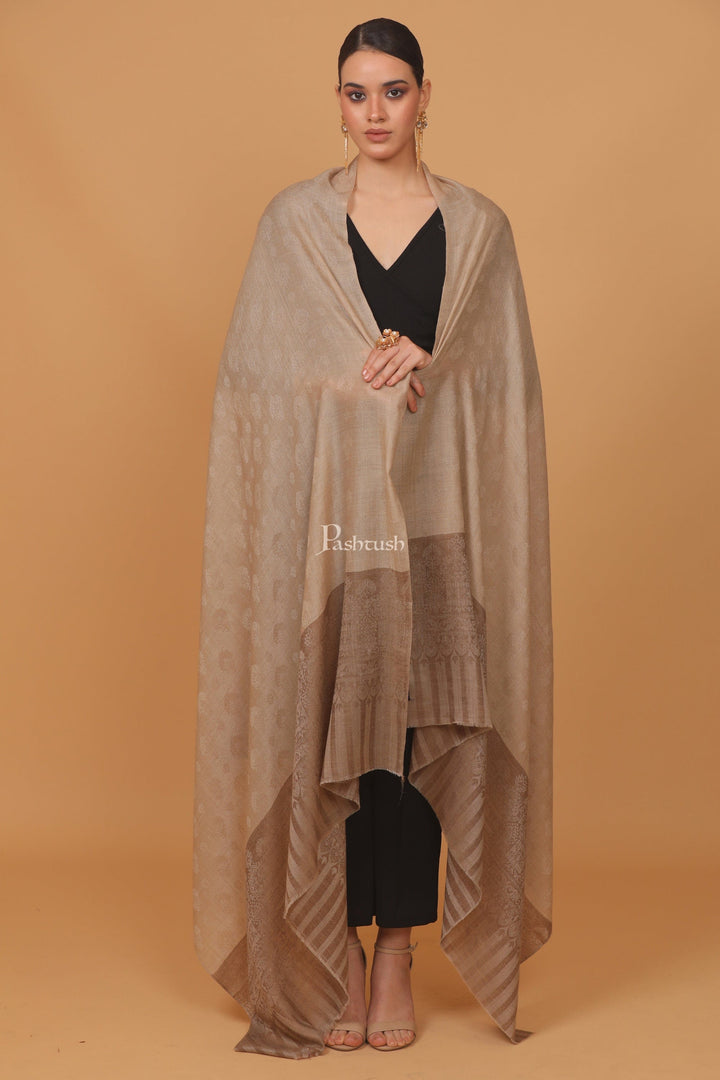 Pashtush India Womens Stoles and Scarves Scarf Pashtush womens Extra Fine Wool shawl, JACQUARD PALLA design, Taupe