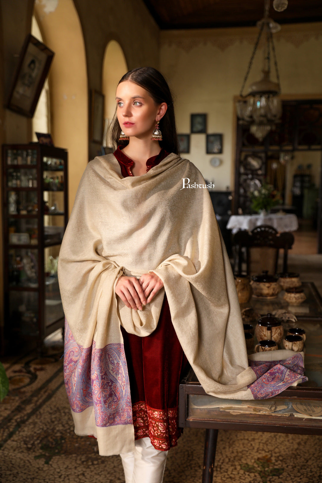 Pashtush India Womens Shawls Pashtush Womens Extra Fine Wool Shawl, Jacquard, Soft, Warm And Ultra Light Weight, Beige