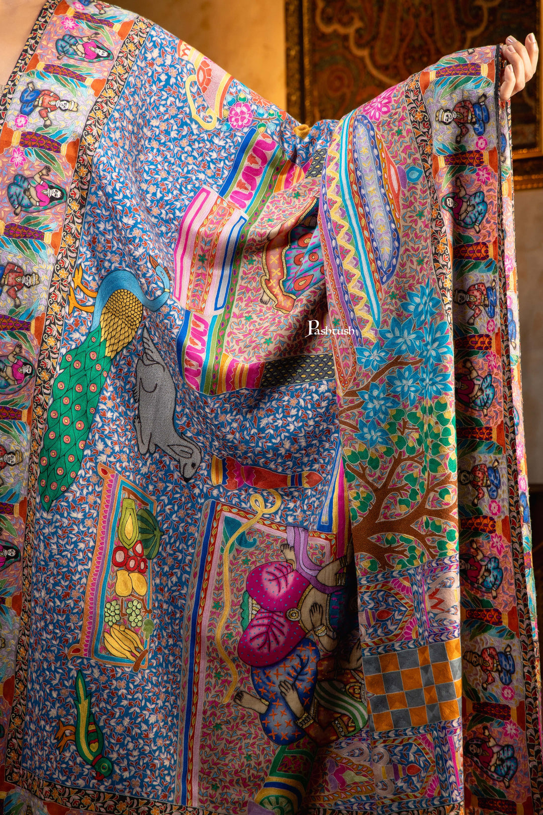 Pashtush India Womens Shawls Pashtush Womens Extra Fine Wool Shawl, Kalamkari Embroidery Design, Multicolour