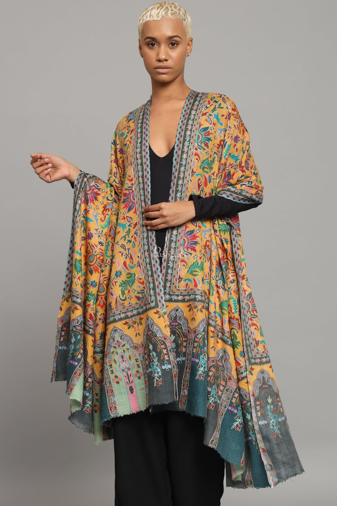 Pashtush India Womens Shawls Pashtush Womens Extra Fine Wool Shawl, Kalamkari Embroidery Design, Multicolour