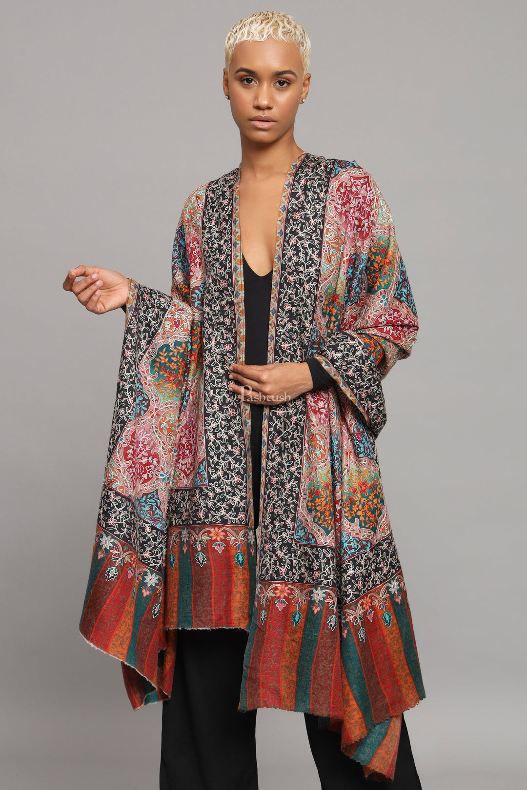 Pashtush India Womens Shawls Pashtush Womens Extra Fine Wool Shawl, Kalamkari Embroidery, Nalki Jama Design, Multicolour
