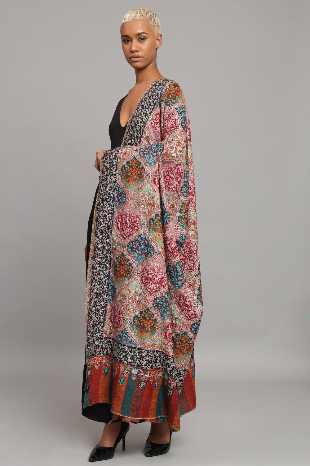 Pashtush India Womens Shawls Pashtush Womens Extra Fine Wool Shawl, Kalamkari Embroidery, Nalki Jama Design, Multicolour
