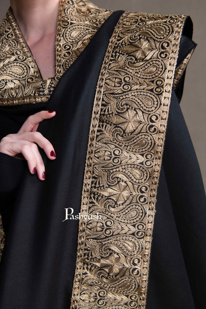 Pashtush India Womens Shawls Pashtush Womens Extra Fine Wool Shawl, Metallic Tilla Embroidery, Border Design, Black