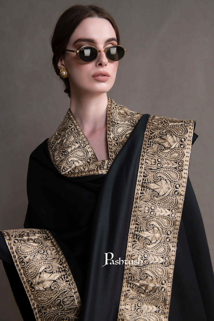 Pashtush India Womens Shawls Pashtush Womens Extra Fine Wool Shawl, Metallic Tilla Embroidery, Border Design, Black