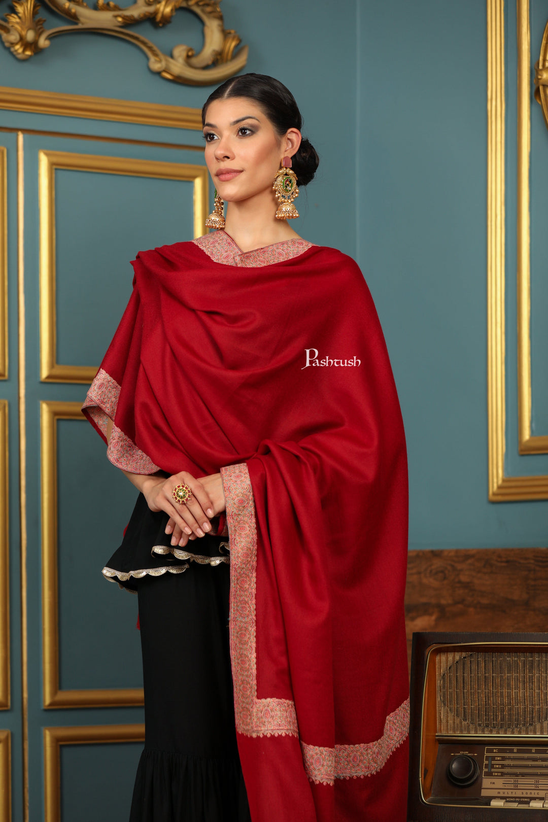 Pashtush India Womens Shawls Pashtush Womens Extra Fine Wool Shawl, Multi Border Design, Maroon