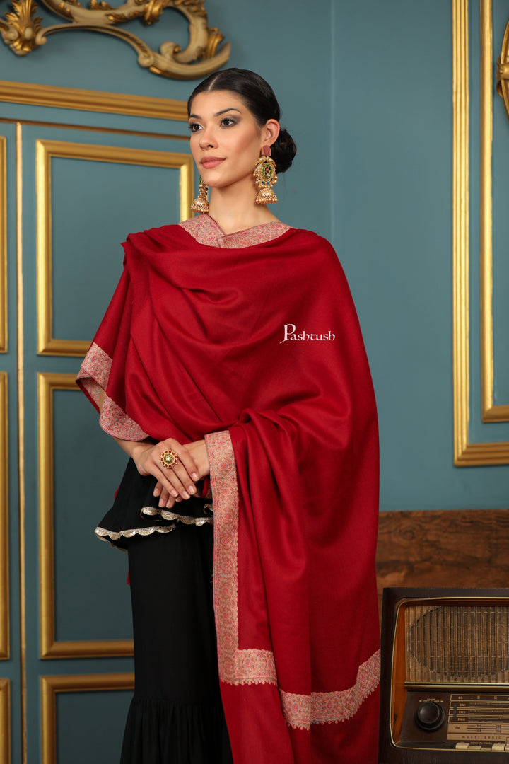 Pashtush India Womens Shawls Pashtush Womens Extra Fine Wool Shawl, Multi Border Design, Maroon