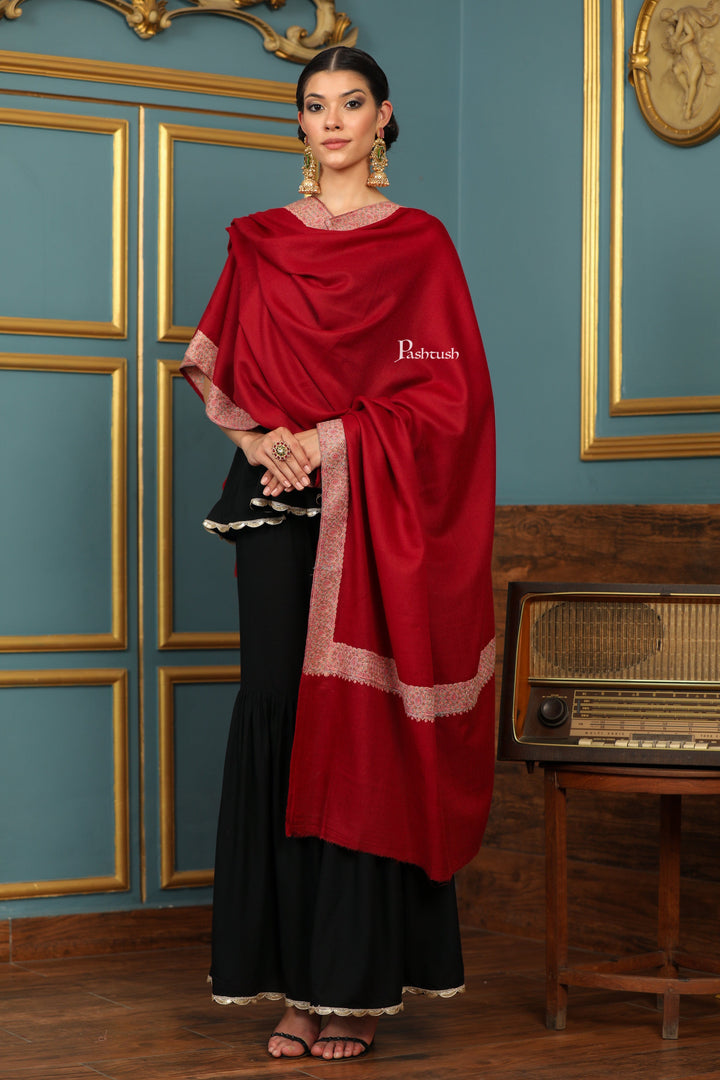 Pashtush India Womens Shawls Pashtush Womens Extra Fine Wool Shawl, Multi Border Design, Maroon