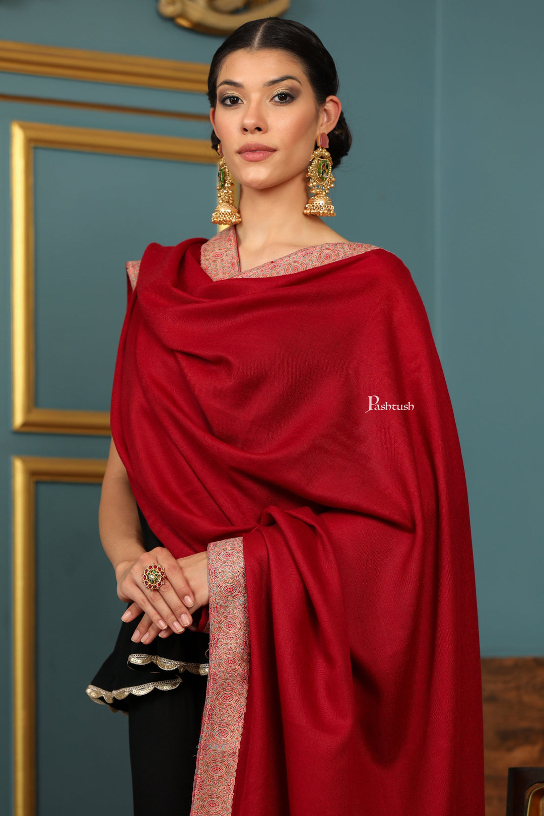 Pashtush India Womens Shawls Pashtush Womens Extra Fine Wool Shawl, Multi Border Design, Maroon