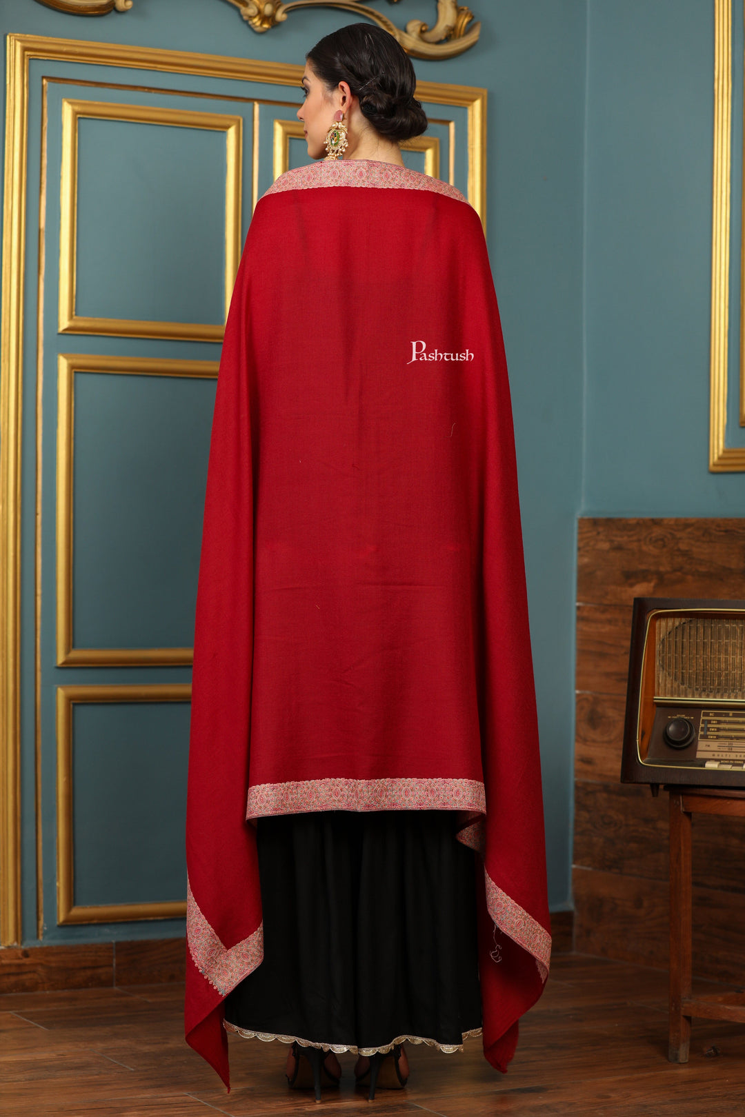 Pashtush India Womens Shawls Pashtush Womens Extra Fine Wool Shawl, Multi Border Design, Maroon