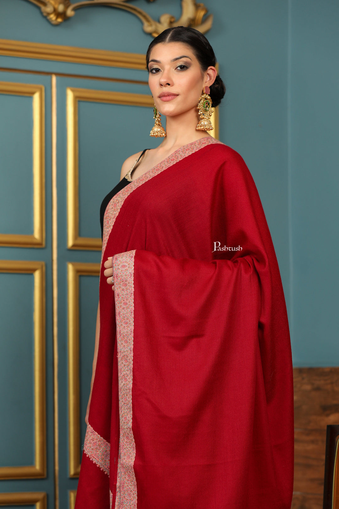 Pashtush India Womens Shawls Pashtush Womens Extra Fine Wool Shawl, Multi Border Design, Maroon