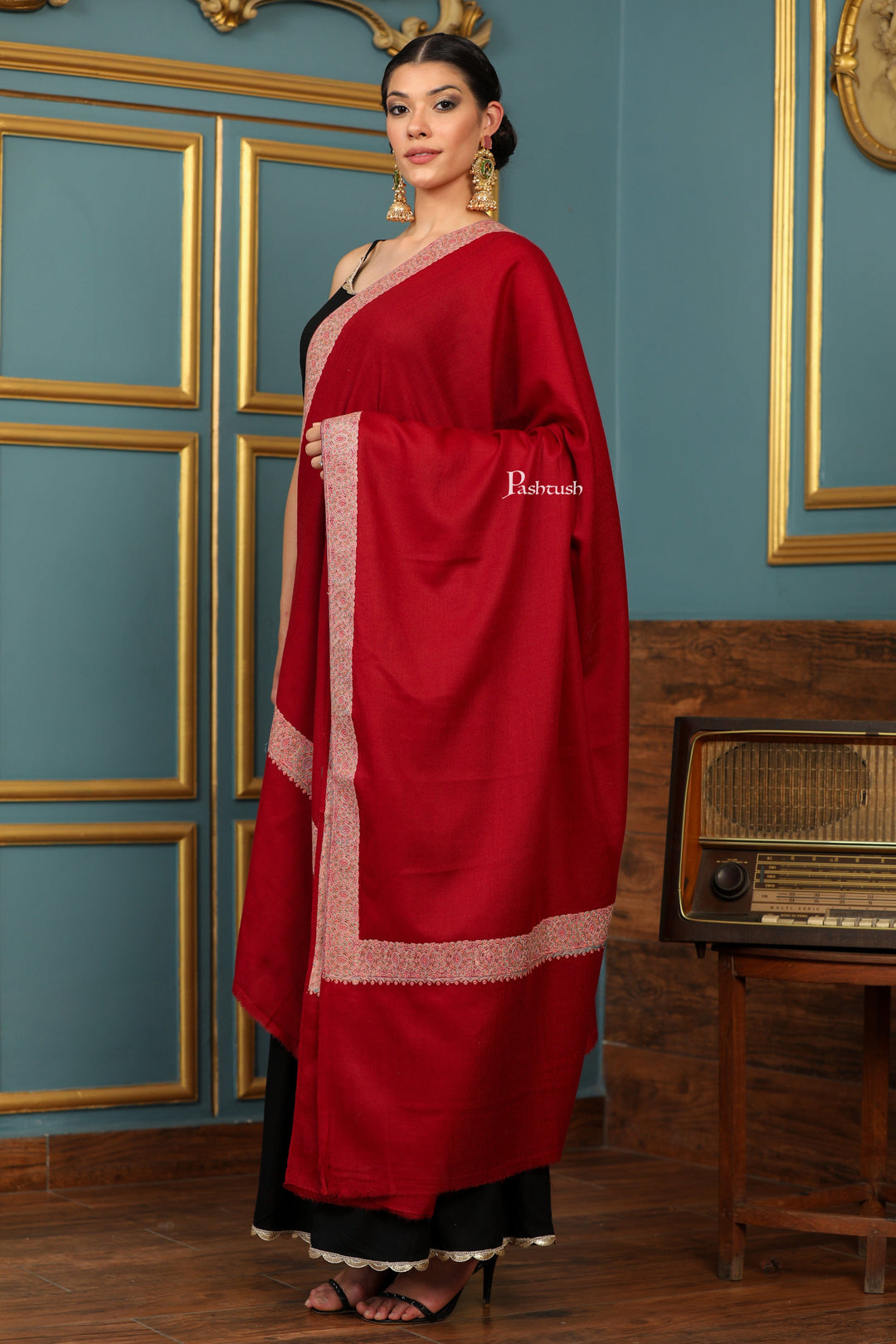 Pashtush India Womens Shawls Pashtush Womens Extra Fine Wool Shawl, Multi Border Design, Maroon