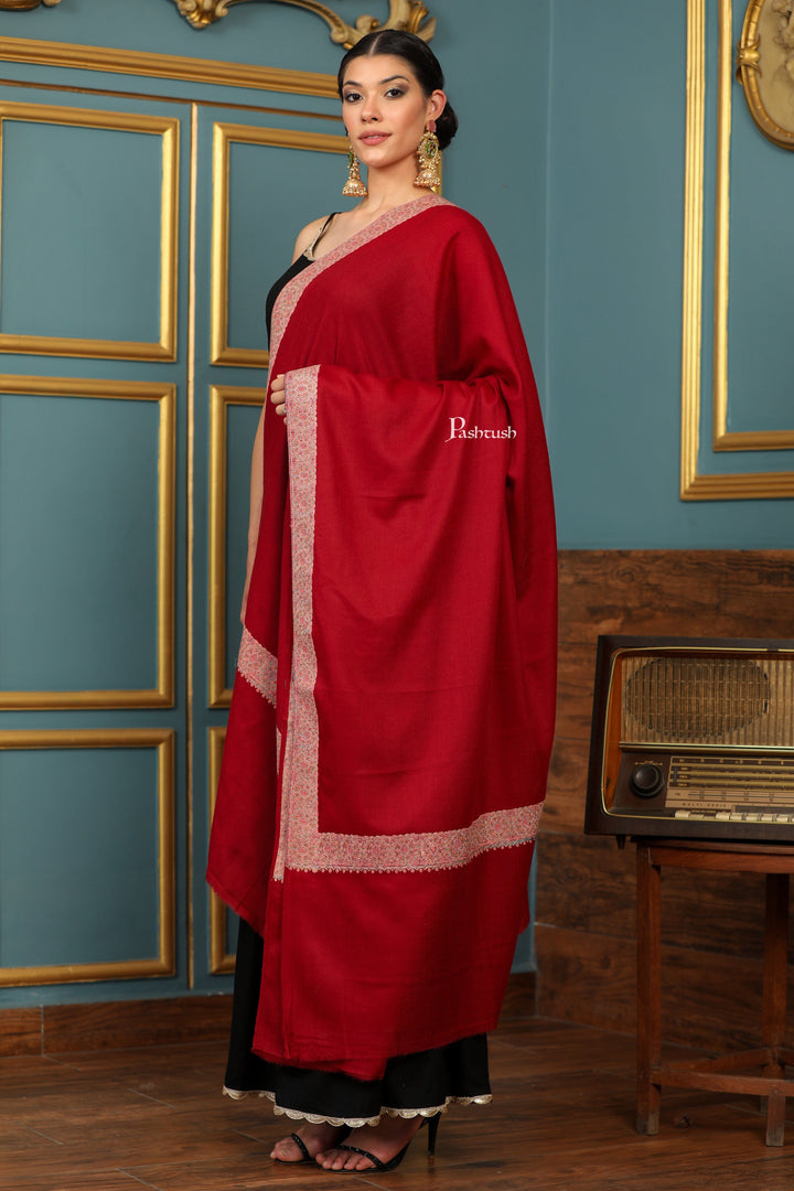 Pashtush India Womens Shawls Pashtush Womens Extra Fine Wool Shawl, Multi Border Design, Maroon