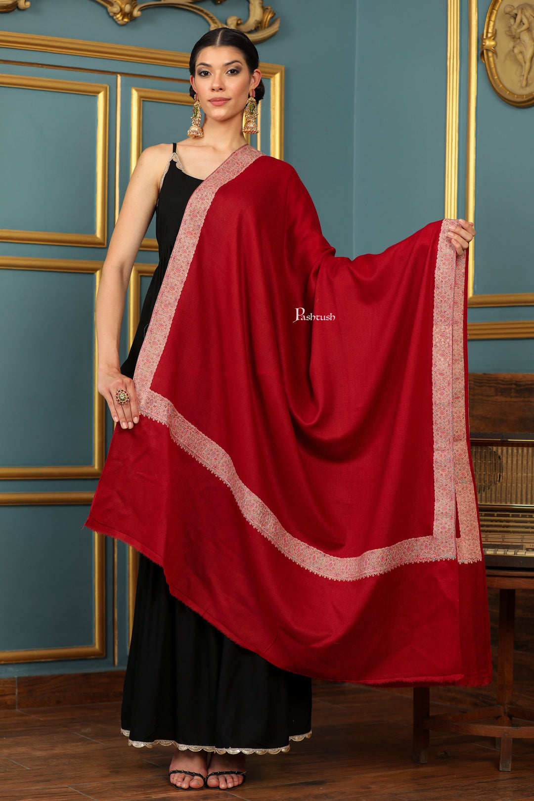 Pashtush India Womens Shawls Pashtush Womens Extra Fine Wool Shawl, Multi Border Design, Maroon