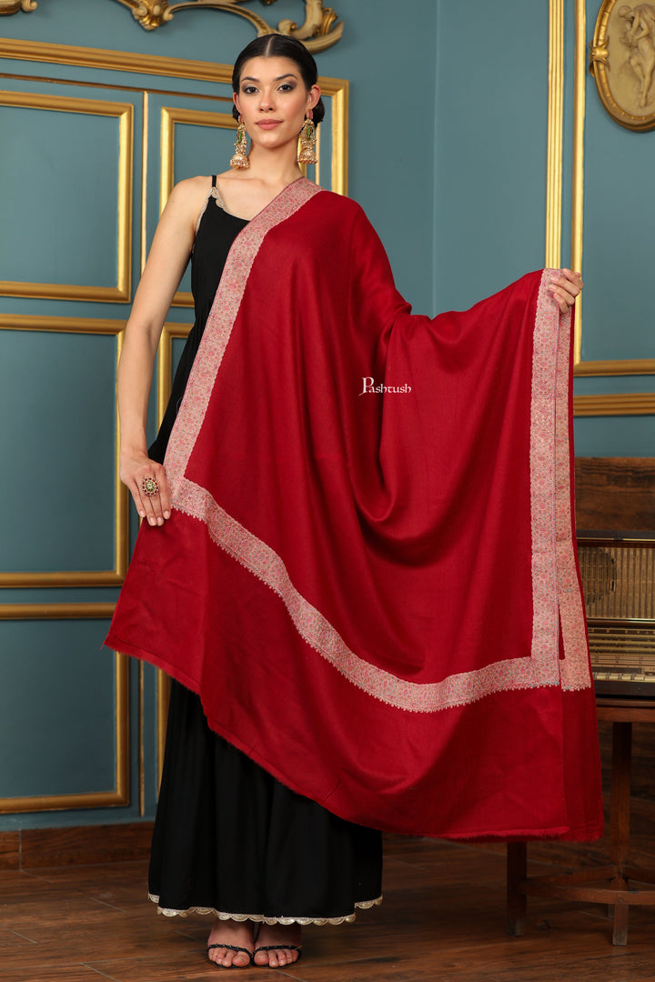 Pashtush India Womens Shawls Pashtush Womens Extra Fine Wool Shawl, Multi Border Design, Maroon