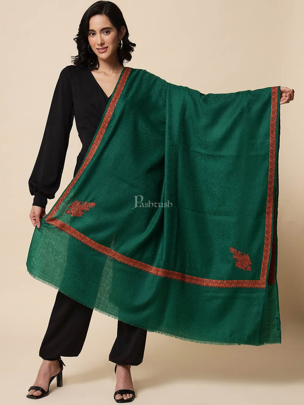 Pashtush India Womens Shawls Pashtush womens Extra Fine Wool shawl, multi kingri embroidery design, Green