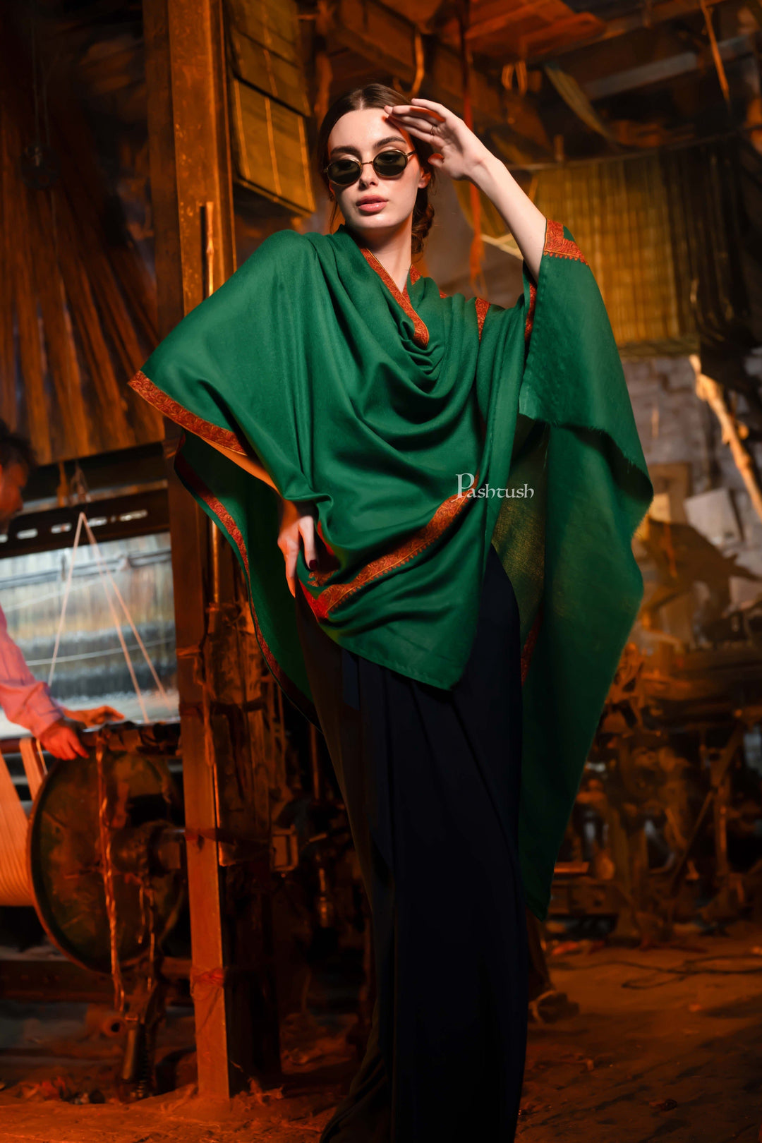 Pashtush India Womens Shawls Pashtush womens Extra Fine Wool shawl, multi kingri embroidery design, Green