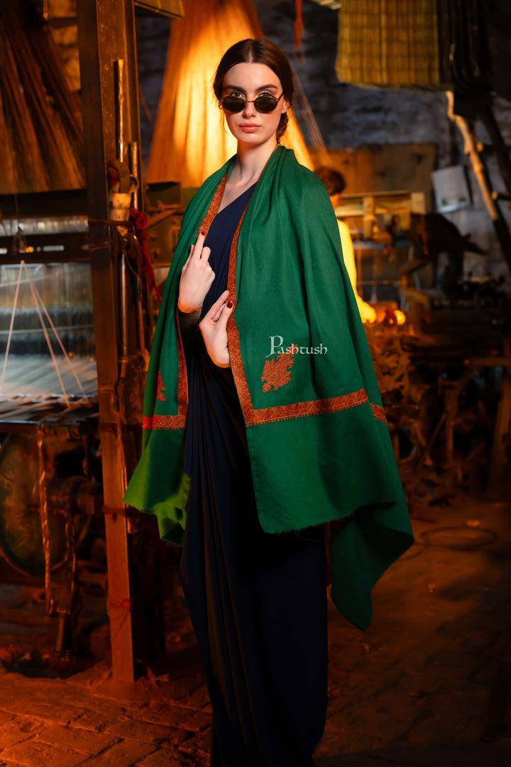 Pashtush India Womens Shawls Pashtush womens Extra Fine Wool shawl, multi kingri embroidery design, Green