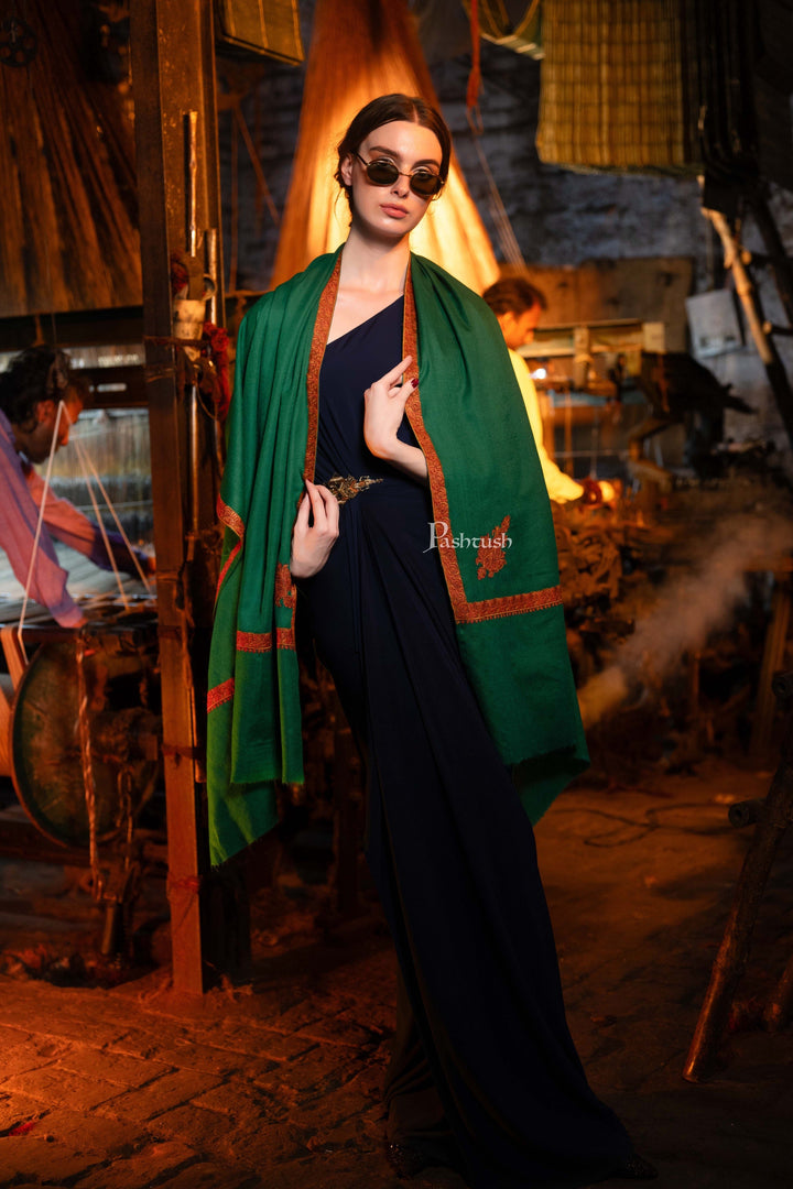 Pashtush India Womens Shawls Pashtush womens Extra Fine Wool shawl, multi kingri embroidery design, Green