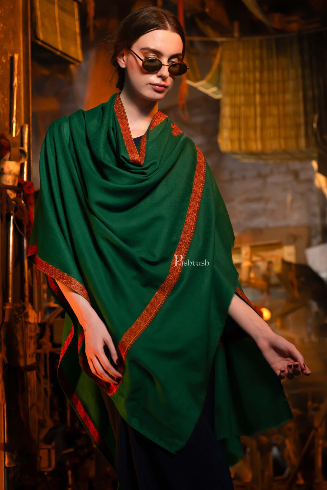 Pashtush India Womens Shawls Pashtush womens Extra Fine Wool shawl, multi kingri embroidery design, Green