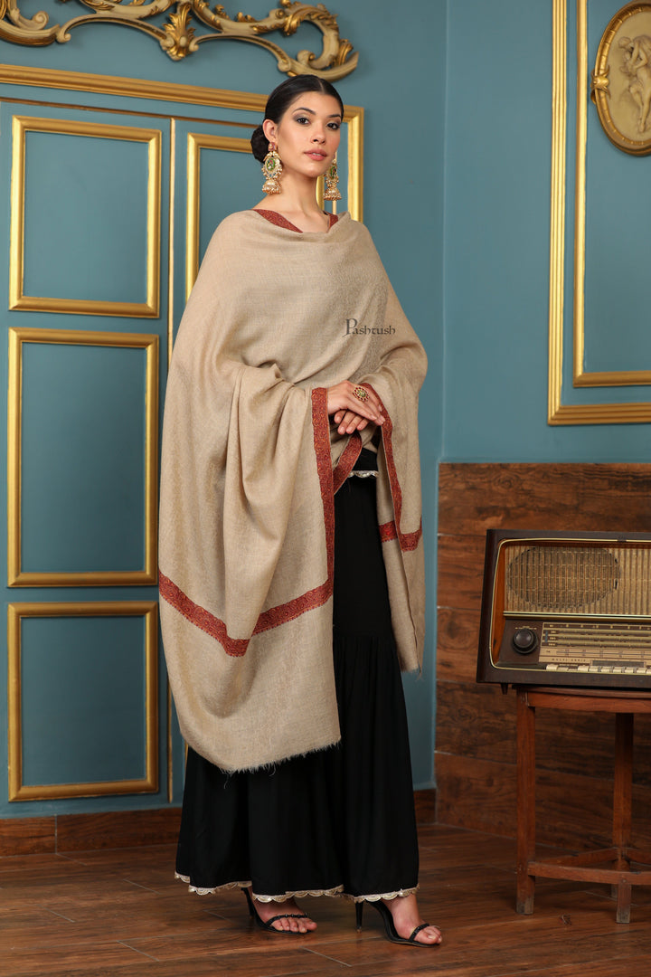 Pashtush India Womens Shawls Pashtush Womens Extra Fine Wool Shawl, Mutli Border Design, Beige