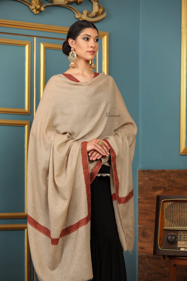 Pashtush India Womens Shawls Pashtush Womens Extra Fine Wool Shawl, Mutli Border Design, Beige