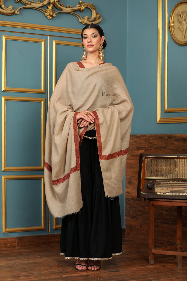 Pashtush India Womens Shawls Pashtush Womens Extra Fine Wool Shawl, Mutli Border Design, Beige