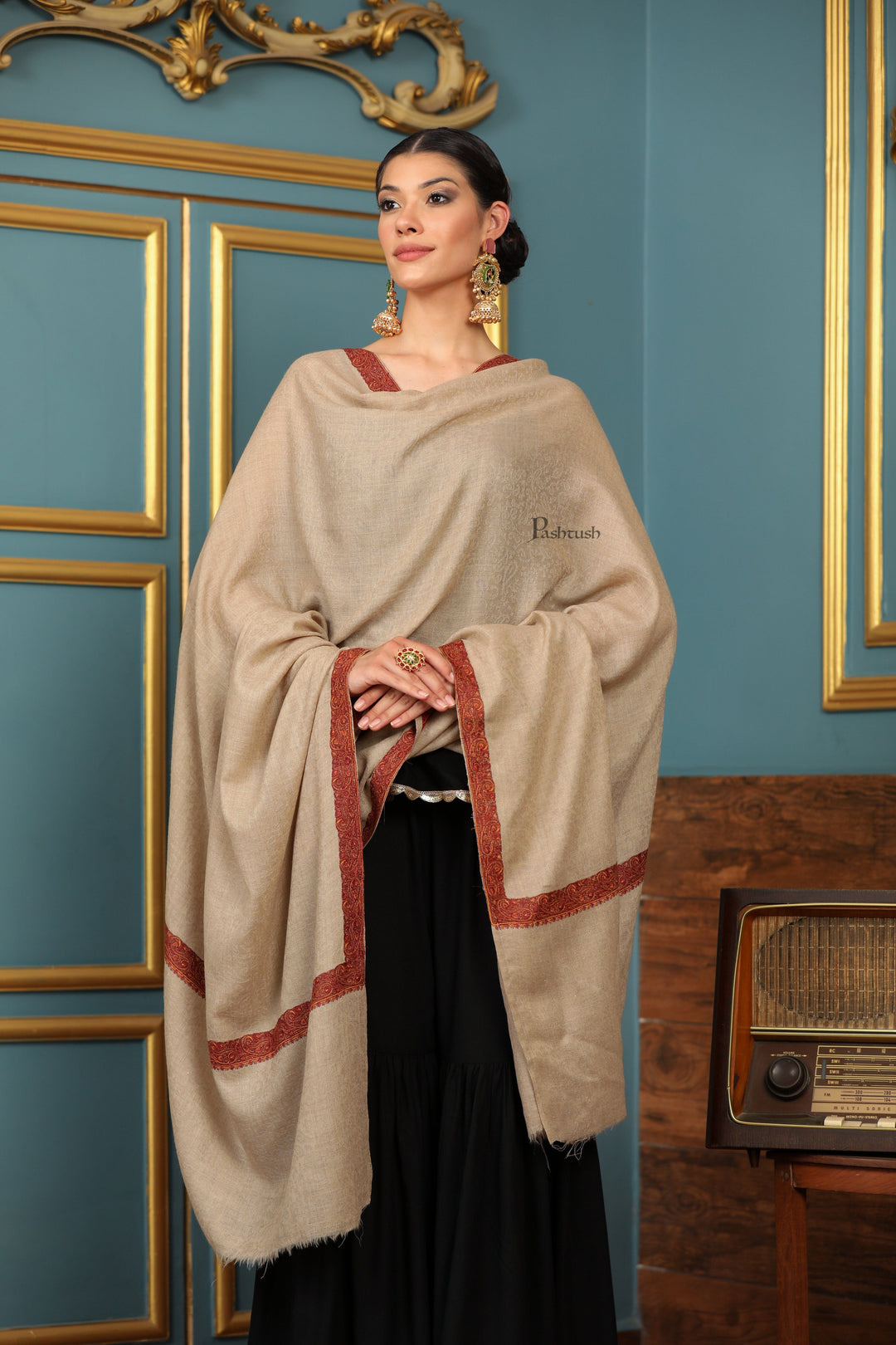 Pashtush India Womens Shawls Pashtush Womens Extra Fine Wool Shawl, Mutli Border Design, Beige