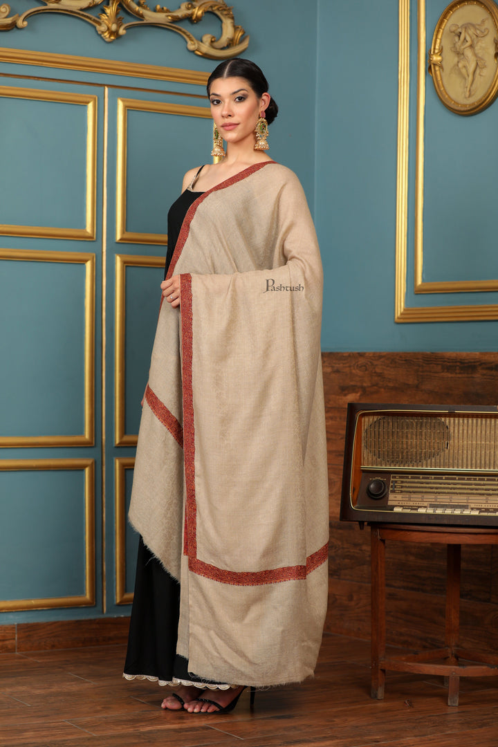 Pashtush India Womens Shawls Pashtush Womens Extra Fine Wool Shawl, Mutli Border Design, Beige