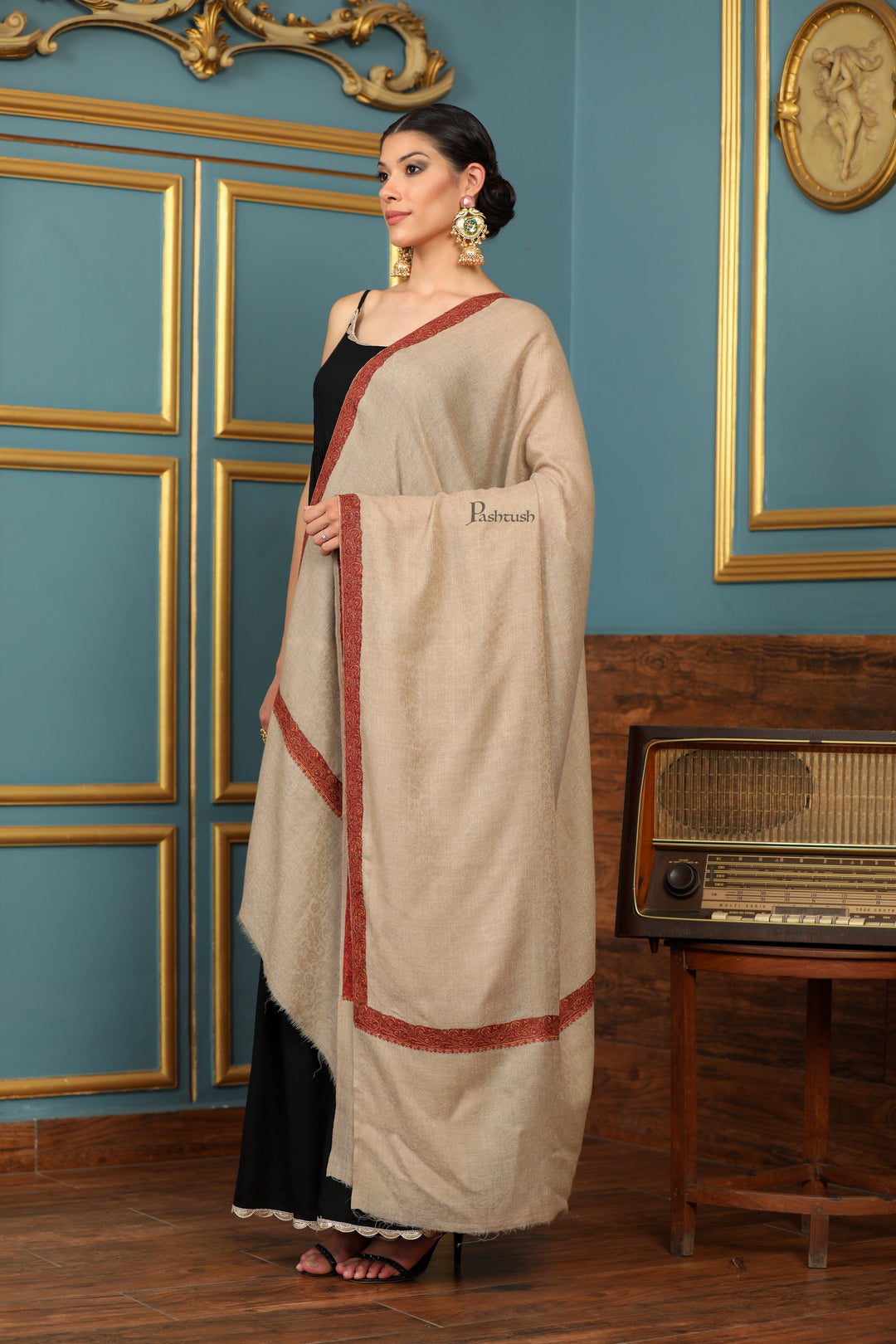 Pashtush India Womens Shawls Pashtush Womens Extra Fine Wool Shawl, Mutli Border Design, Beige