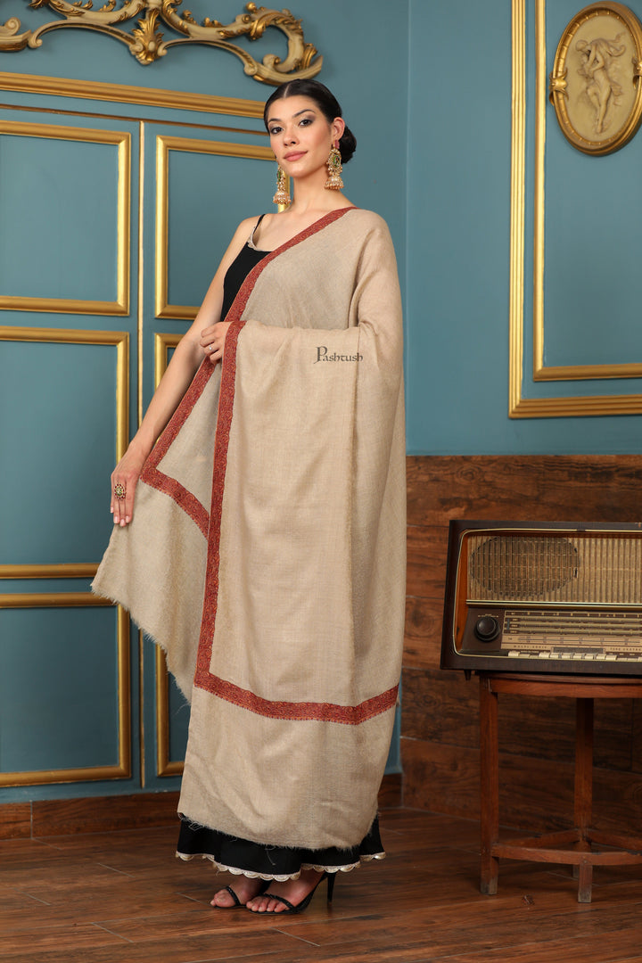 Pashtush India Womens Shawls Pashtush Womens Extra Fine Wool Shawl, Mutli Border Design, Beige
