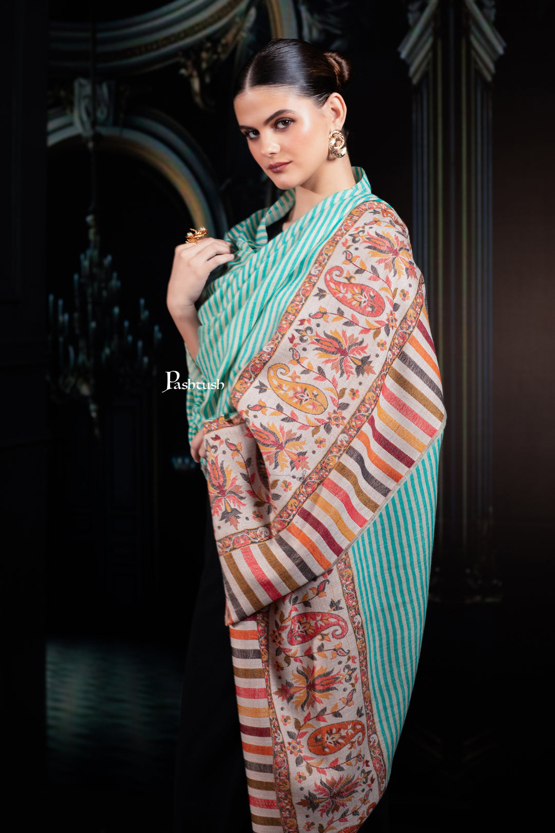 Pashtush India Womens Shawls Pashtush Womens Extra Fine Wool Shawl, Paisley Palla Design, Seagreen