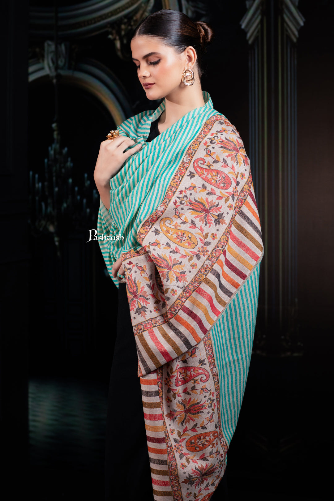 Pashtush India Womens Shawls Pashtush Womens Extra Fine Wool Shawl, Paisley Palla Design, Seagreen