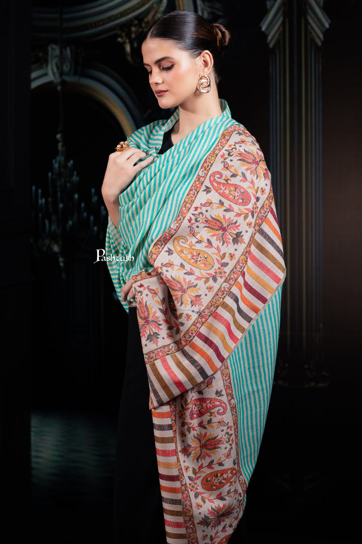 Pashtush India Womens Shawls Pashtush Womens Extra Fine Wool Shawl, Paisley Palla Design, Seagreen