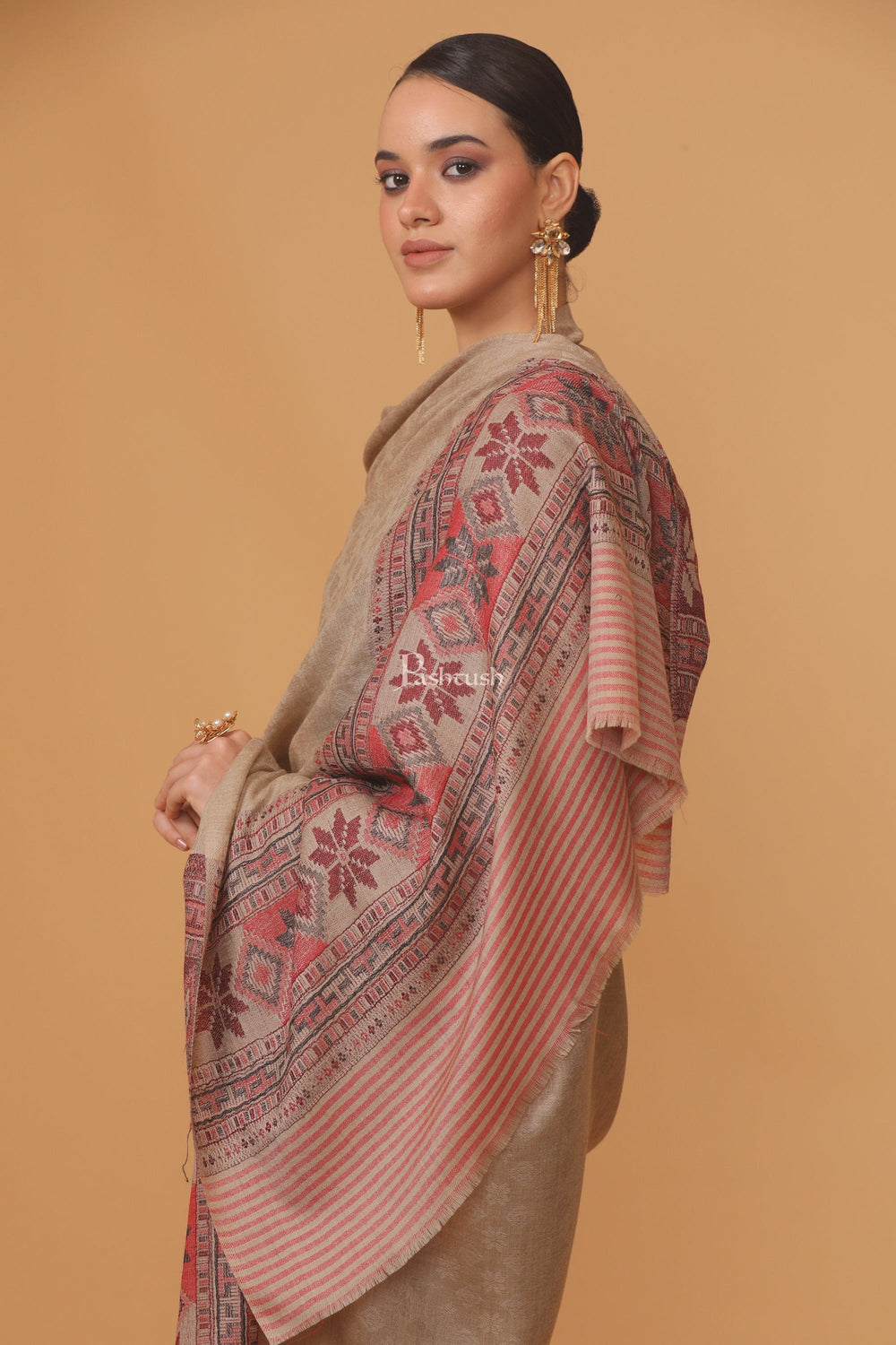 Pashtush India Womens Stoles and Scarves Scarf Pashtush womens Extra Fine Wool shawl, PAISLEY WEAVE design, Beige