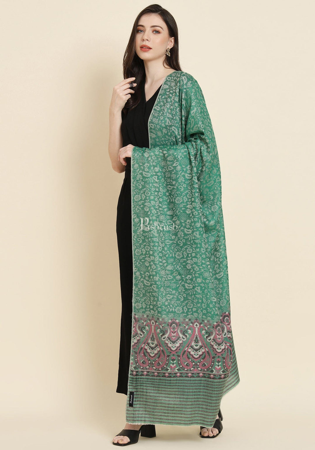 Pashtush India Womens Shawls Pashtush Womens Extra Fine Wool Shawl, Paisley Weave Design, Green
