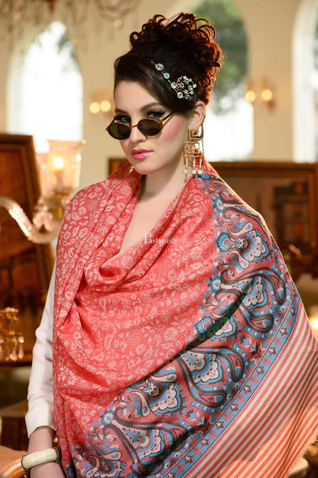 Pashtush India Womens Shawls Pashtush Womens Extra Fine Wool Shawl, Paisley Weave Design, Red