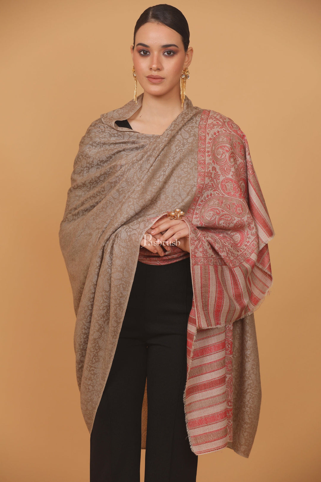 Pashtush India Womens Stoles and Scarves Scarf Pashtush womens Extra Fine Wool shawl, PAISLEY WEAVE design, Taupe