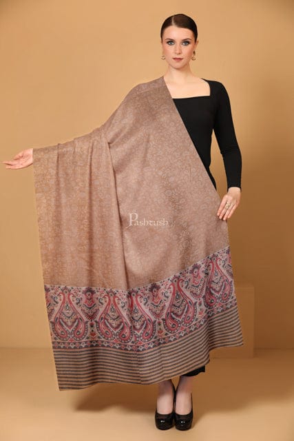 Pashtush India Womens Stoles and Scarves Scarf Pashtush womens Extra Fine Wool shawl, PAISLEY WEAVE design, Taupe