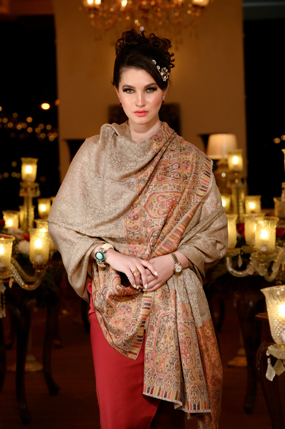 Pashtush India Womens Shawls Pashtush Womens Extra Fine Wool Shawl, Paisley Weave Design, Taupe