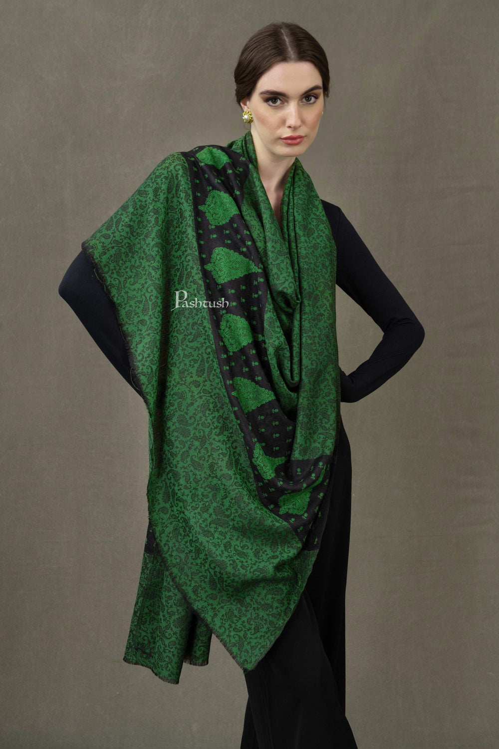 Pashtush India Womens Shawls Pashtush Womens Extra Fine Wool Shawl, Pasiley Embroidery Palla Design, Green