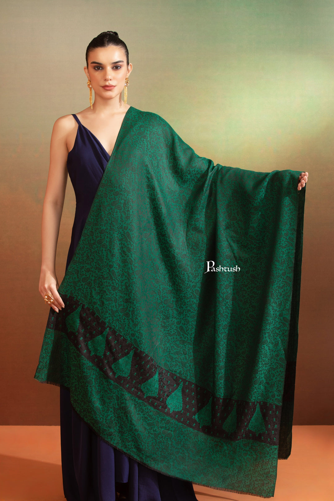 Pashtush India Womens Shawls Pashtush Womens Extra Fine Wool Shawl, Pasiley Embroidery Palla Design, Green