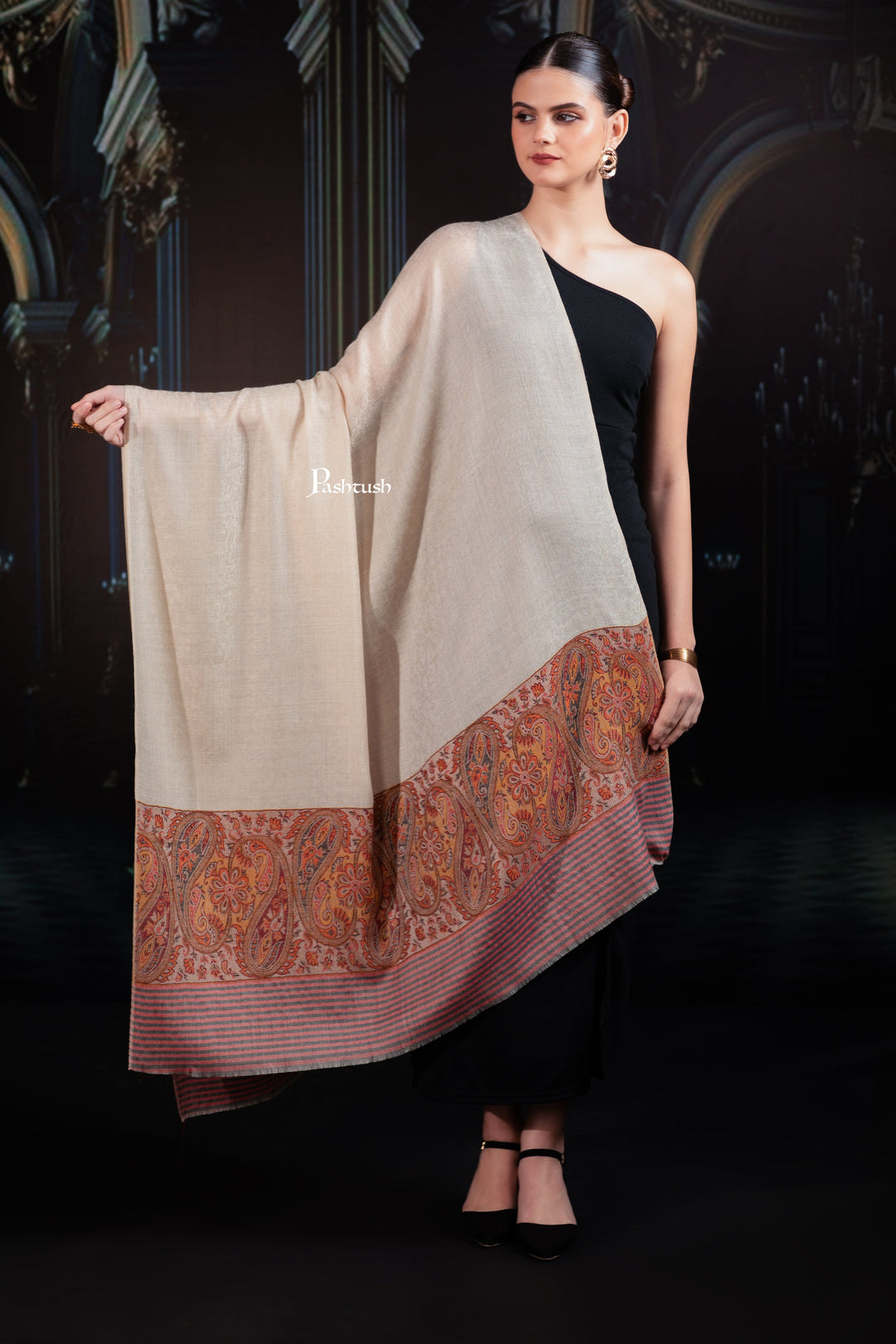 Pashtush India Womens Shawls Pashtush Womens Extra Fine Wool Shawl, Pasiley Palla Design, Beige