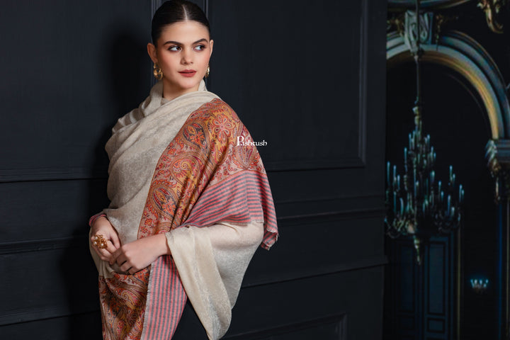Pashtush India Womens Shawls Pashtush Womens Extra Fine Wool Shawl, Pasiley Palla Design, Beige