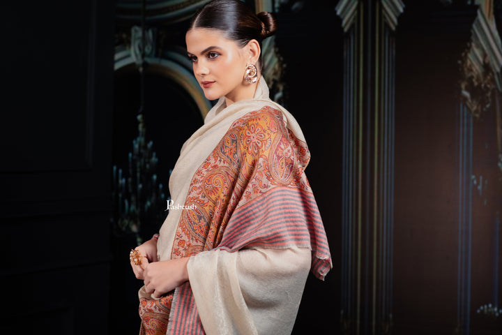 Pashtush India Womens Shawls Pashtush Womens Extra Fine Wool Shawl, Pasiley Palla Design, Beige
