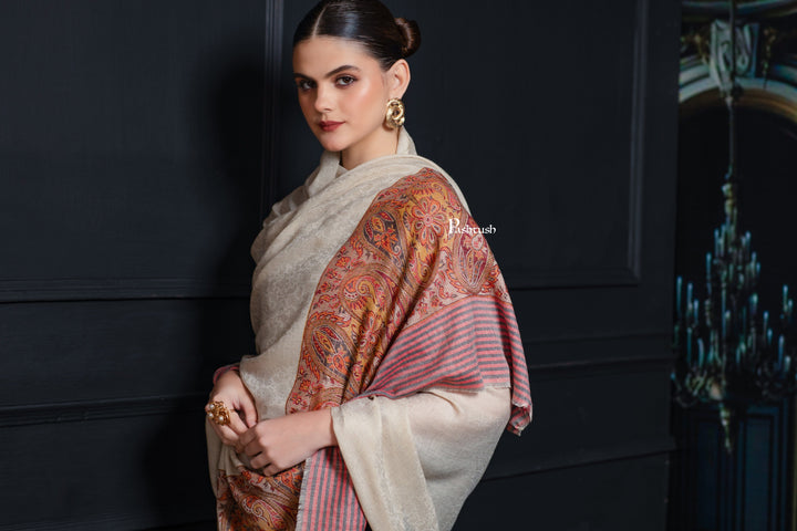 Pashtush India Womens Shawls Pashtush Womens Extra Fine Wool Shawl, Pasiley Palla Design, Beige