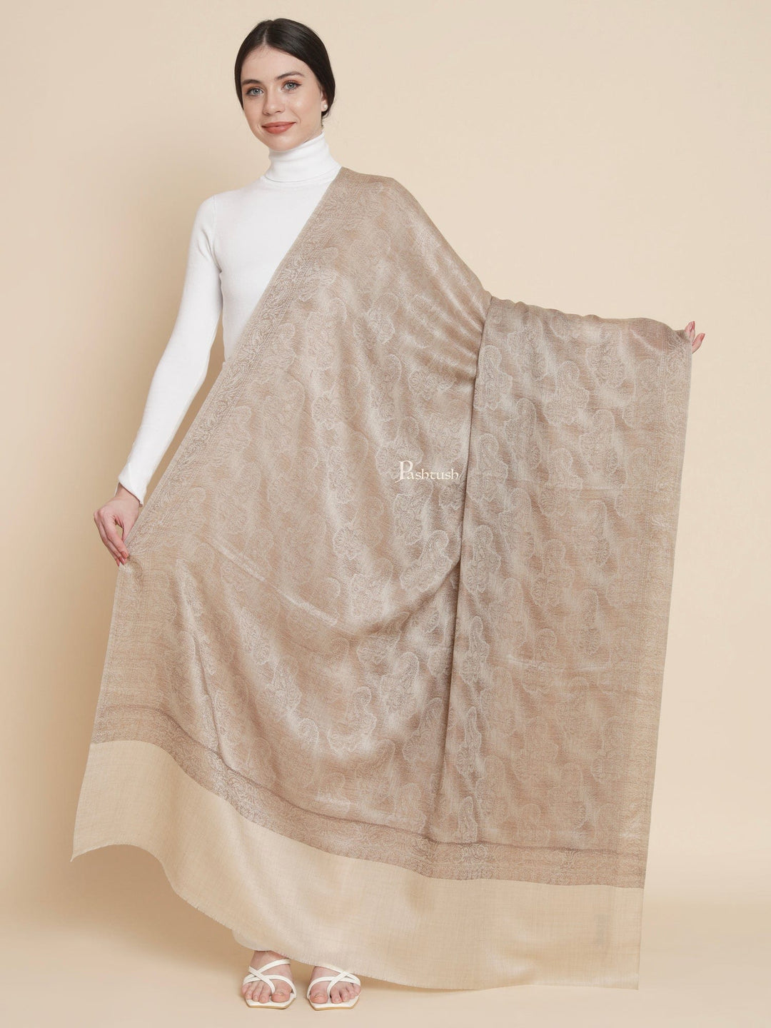 Pashtush India Womens Stoles and Scarves Scarf Pashtush womens Extra Fine Wool shawl, PASILEY WEAVE design, Beige