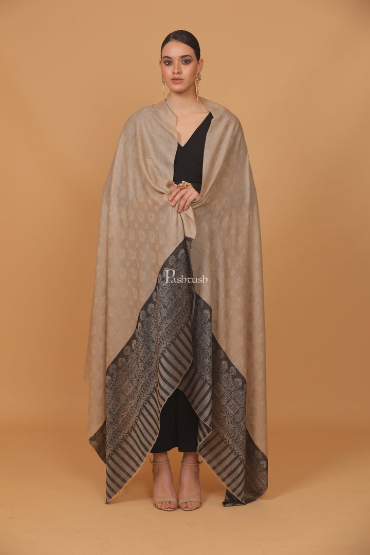 Pashtush India Womens Stoles and Scarves Scarf Pashtush womens Extra Fine Wool shawl, PASILEY WEAVE design, Black And Beige
