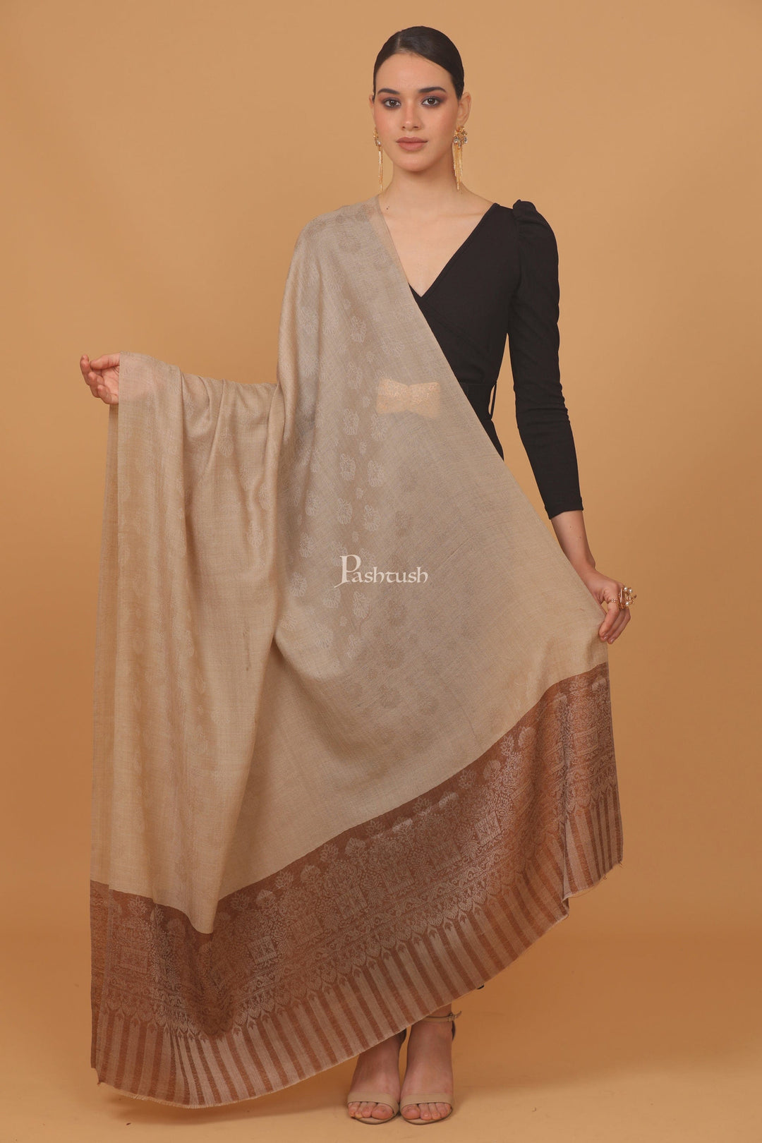 Pashtush India Womens Stoles and Scarves Scarf Pashtush womens Extra Fine Wool shawl, PASILEY WEAVE design, Coffee And Beige