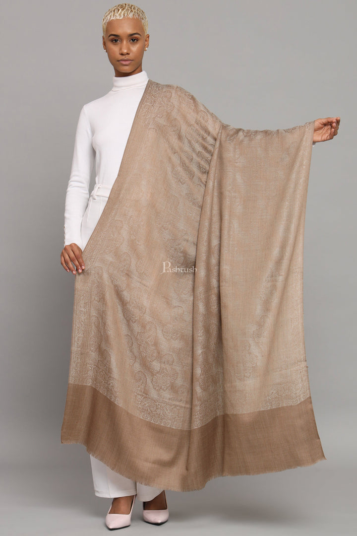 Pashtush India Womens Shawls Pashtush Womens Extra Fine Wool Shawl, Self Paisley Woven Design, Taupe