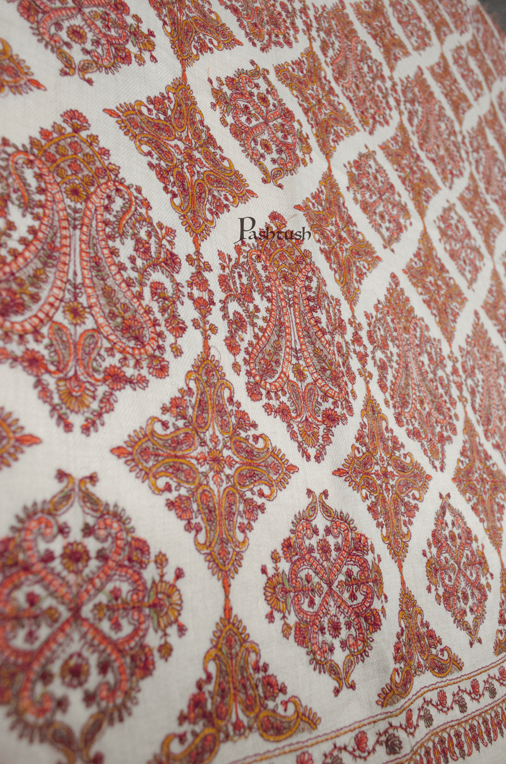 Pashtush India Womens Shawls Pashtush Womens Extra Fine Wool Shawl, Silky Embroidery Kashmiri Jaal Design, Beige